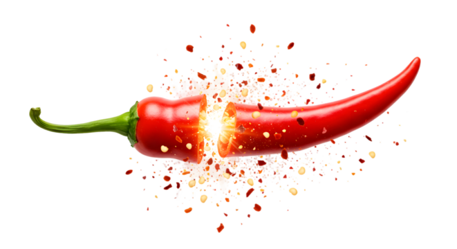 Sliced red chili pepper with a burst of flavor and spice explosion isolated on transparent background