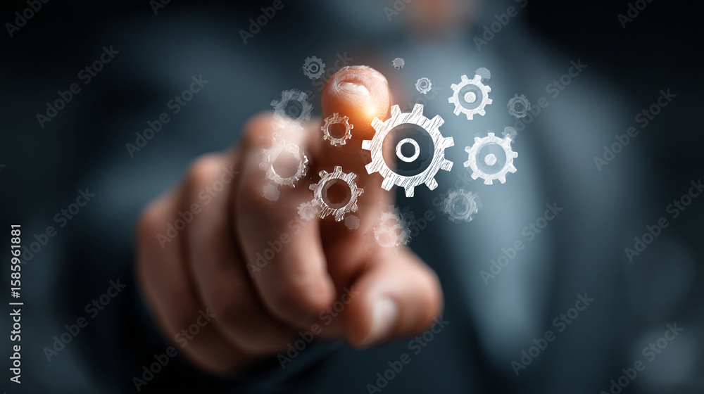 Poster a finger pointing at digital gears floating in front of a dark background