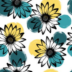 African daisy romantic vector endless rapport. Sunflower blossom over circles background. Doodle garden flowerheads vector wallpaper. Subtle botanical ornament.