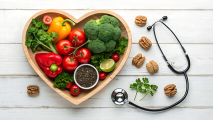 Heart healthy diet with fresh vegetables nuts and stethoscope on white wood background