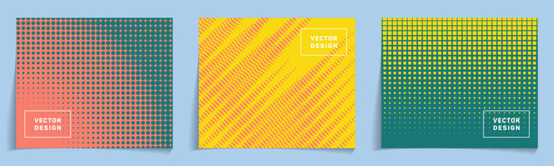Banner templates with halftone structure patterns vector collection. Geometric notebook cover pages. Abstract backdrops for technological projects. Corporate branding design.