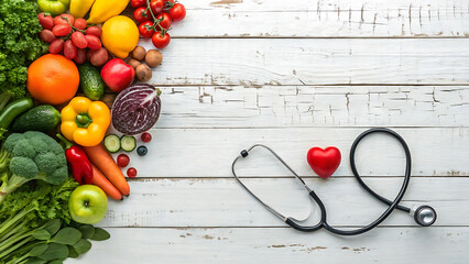 Healthy eating and heart health concept with fresh vegetables fruits and stethoscope