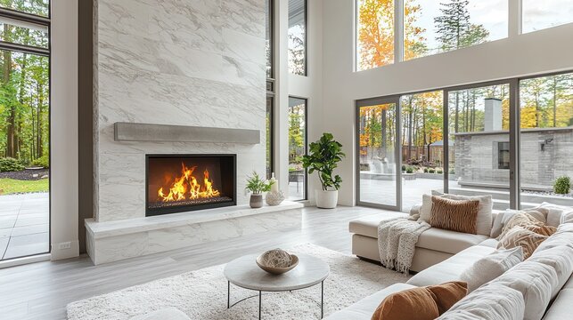 Modern living room with fireplace and large windows