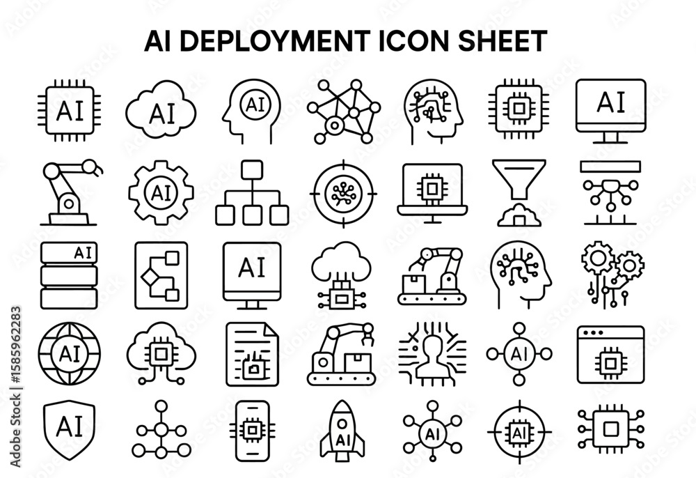 Poster ai deployment icon sheet: a comprehensive array of crisp, simple, monochromatic icons, each a symbol
