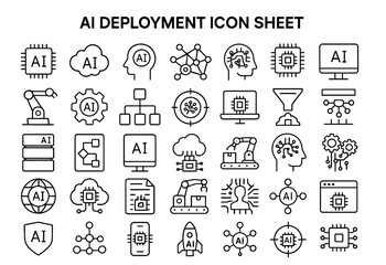 AI Deployment Icon Sheet: A comprehensive array of crisp, simple, monochromatic icons, each a symbol of artificial intelligence, ready for graphic resources.