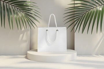 A Cardboard Shopping Bag Packaging Mockup on White Minimal Palm Background