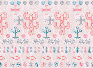 Slavic goddess cucuteni symbol seamless pattern. Cute ukrainian tribal motif. Naive pagan legacy fertility archetype sculpture. Female figure sketch.