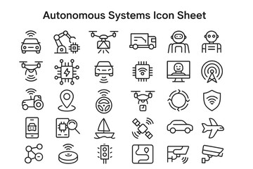 Autonomous Systems Icon Sheet: A comprehensive collection of line icons representing various aspects of autonomous systems technology, including self-driving cars, drones, robots, and more.