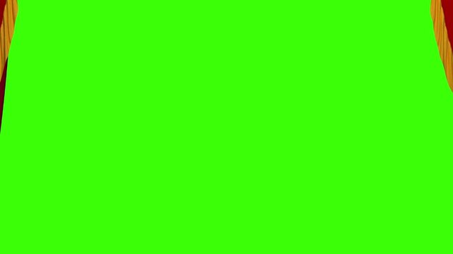 Red Theater Curtain Opening - Green Screen Chroma Key. Horizontal video of a red theater curtain opening with pure green background for chroma key. Perfect for video intros and storytelling.