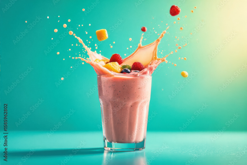 Poster a vibrant splash of fruit pieces and smoothie erupts from a glass, creating a dynamic and refreshing