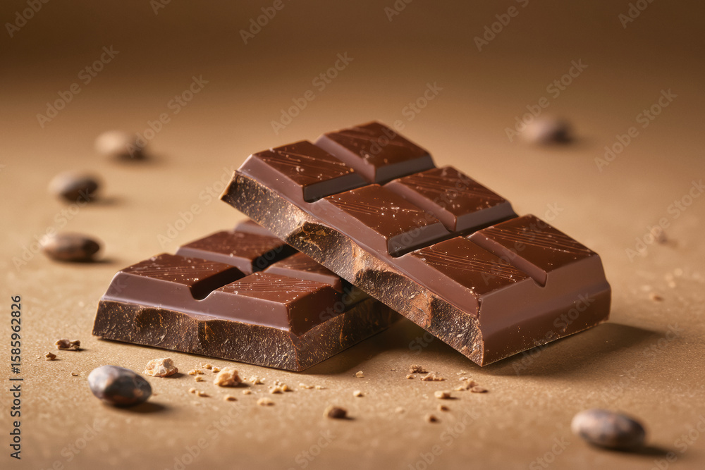 Poster a close-up shot showcases a partially broken chocolate bar resting on a textured surface, surrounded