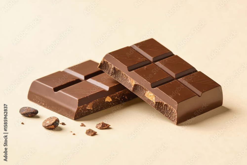 Poster two dark chocolate bars, one whole and one broken, rest on a textured beige surface with scattered c