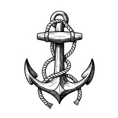 Detailed hand-drawn style anchor design with rope illustration, isolated on transparent background. Sticker decoration for marine or navy theme