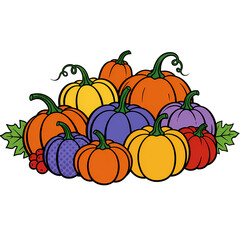 Set of colorful pop art style pumpkins, isolated on transparent background. Seasonal decoration and festive autumn and fall illustration