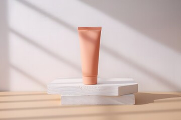 A Makeup Primer Tube Packaging Mockup on White Minimal Elegant Background