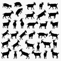 Collection of goat silhouettes in various poses: standing, jumping, grazing, and looking, presented on a white background.