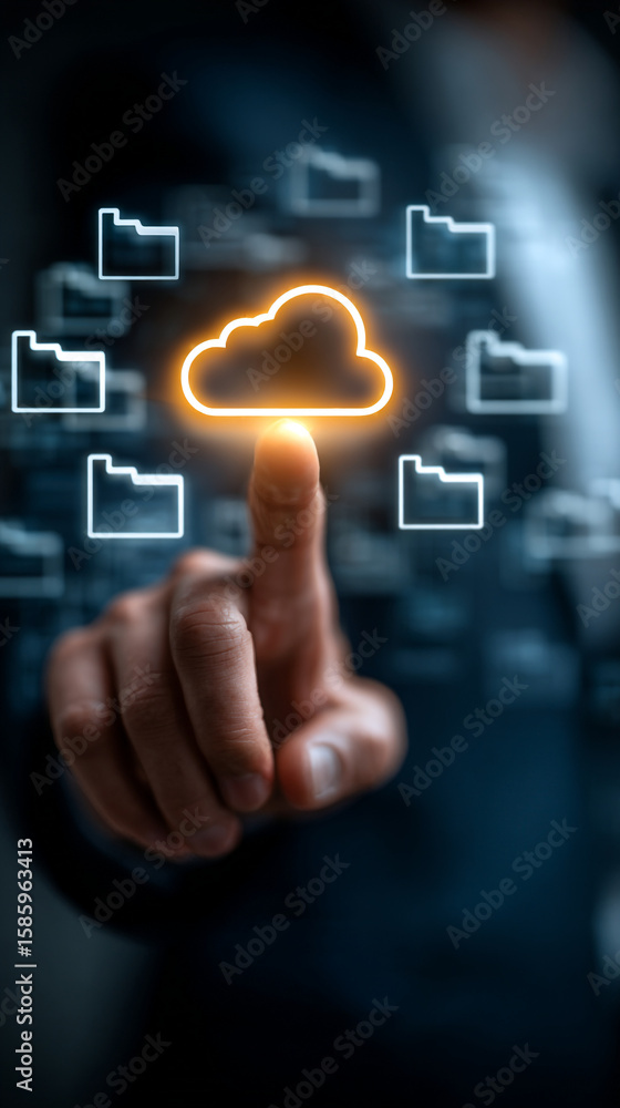 Poster a finger touching a glowing cloud surrounded by file folder icons ui elements