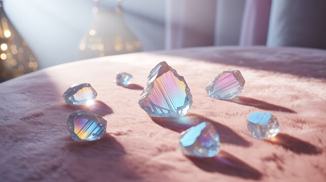 Rough cut crystals with rainbow refractions on pink velvet image