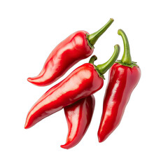Four vibrant red chili peppers, glossy and plump, with stems, arranged in an overlapping cluster against a black background