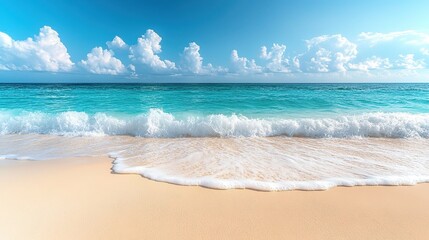 Tulum Turquoise Ocean with White Sand Beach, Blue Sky & Gentle Waves, Minimalist Serene Scenery.