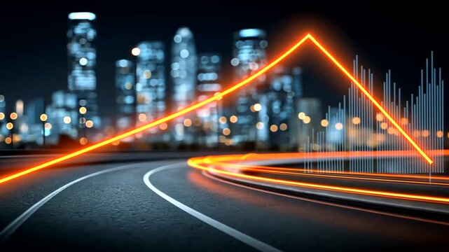 Dynamic data visualization with glowing charts and traffic trails in a cityscape backdrop - Powered by Adobe