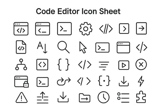Code Editor Icon Set: A comprehensive collection of  clean, modern icons for code editors, perfect for web development and software design projects.