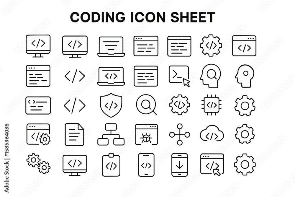 Poster coding icon sheet: clean and modern icons represent core concepts of coding, from the fundamental sy