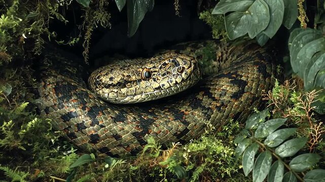 Stunning Bushmaster Snake Close-Up, Hidden Among Lush Greenery and Mossy Textures