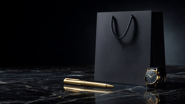 Elegant Still Life Featuring a Black Gift Bag, Luxury Watch, and Gold Pen