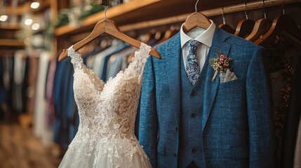 Wedding dress and suit display