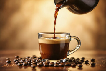 Dark coffee pours from a silver pot into a glass cup, surrounded by scattered coffee beans against a blurred background.