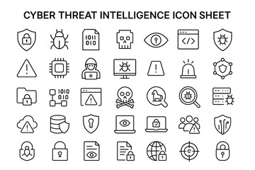 Cyber Threat Intelligence Icon Sheet: A collection of precisely designed icons related to cyber threat intelligence, security, digital safety, and data protection, perfect for visual aids.