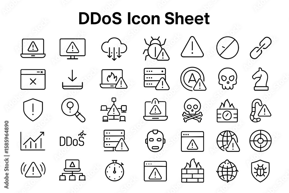Poster ddos icon sheet: a comprehensive set of digital icons representing diverse facets of ddos attacks, w