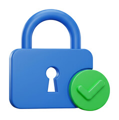 青色の頑丈な鍵、緑のチェックマークで安心安全。立体的な3Dデザイン