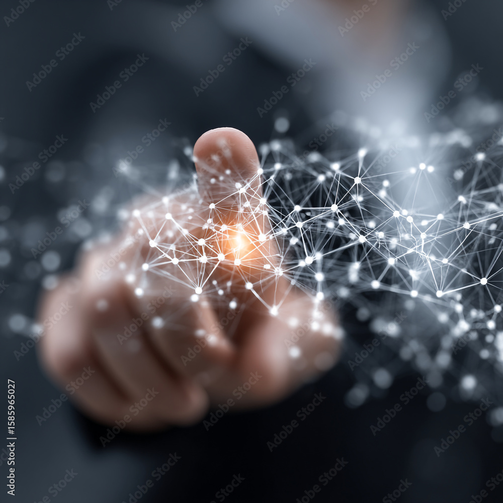 Poster a finger touching a glowing network of interconnected dots and lines art