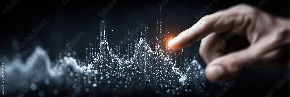 Aufkleber hand touching a digital graph with glowing point on a dark background