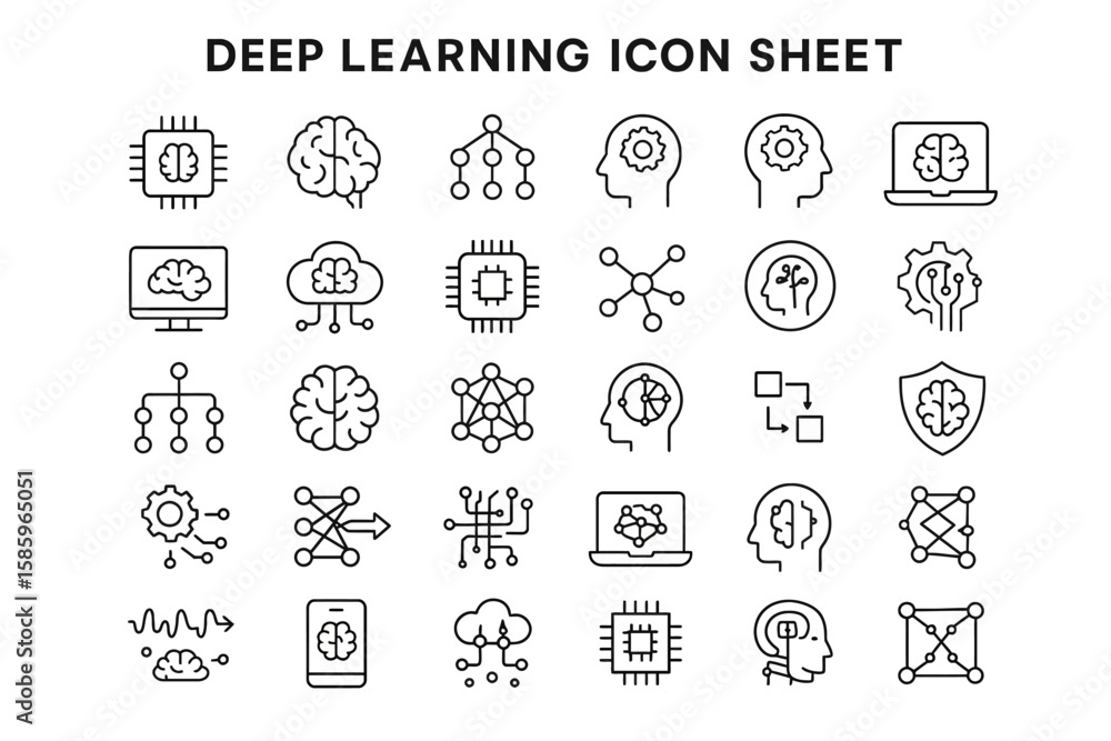 Poster deep learning icon sheet: a collection of simple and minimalist icons representing the core elements