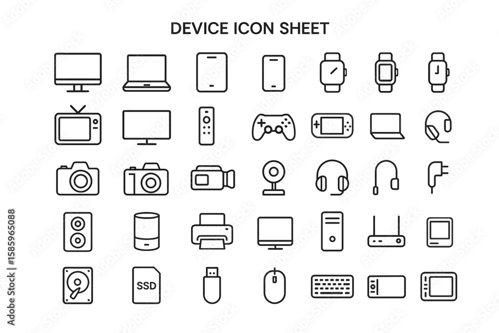 Poster digital device icons: a comprehensive set of clean, minimalist line icons representing various digit