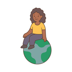 Illustration of a confident woman sitting on top of the Earth, symbolizing women's global impact, empowerment, and equal role in shaping the world. Perfect for celebrating Women's Equality Day.