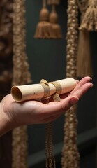 A hand holds a small scroll tied with a gold ribbon, evoking mystery.