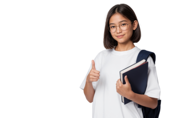 Portrait of a smiling young schoolgirl showing thumbs up while holding books with backpack, isolated on transparent background