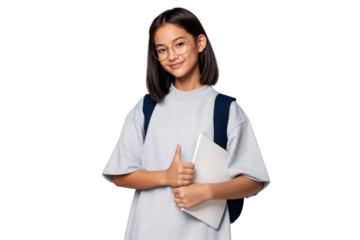 Smiling young Asian schoolgirl in glasses with backpack and book, showing thumbs up on transparent background
