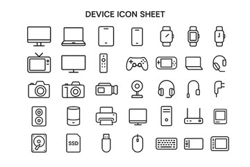 Fototapeta premium Digital Device Icons: A comprehensive set of clean, minimalist line icons representing various digital devices, perfect for design and technological applications. 