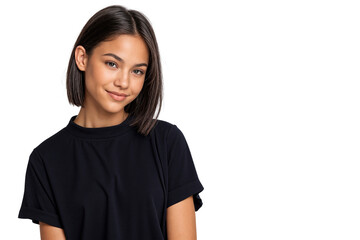 Beautiful young Hispanic girl in black t-shirt looking at camera against a transparent background with copy space
