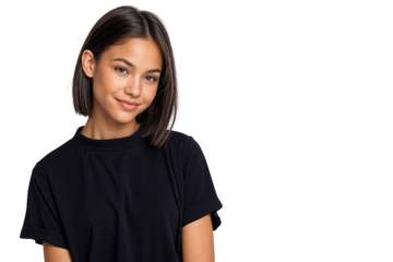 Beautiful young Hispanic girl in black t-shirt looking at camera against a transparent background with copy space