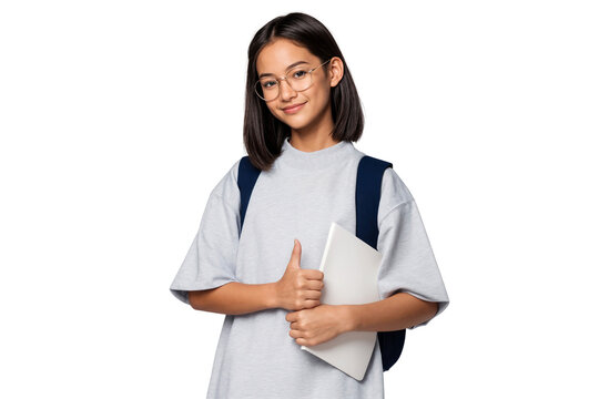 Smiling young Asian schoolgirl in glasses with backpack and book, showing thumbs up on transparent background - Powered by Adobe