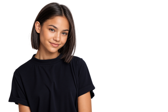 Beautiful young Hispanic girl in black t-shirt looking at camera against a transparent background with copy space - Powered by Adobe