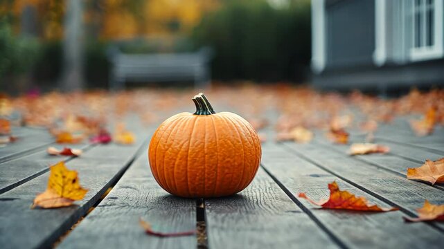 Vibrant autumn pumpkin on wooden deck with falling leaves in tranquil outdoor setting