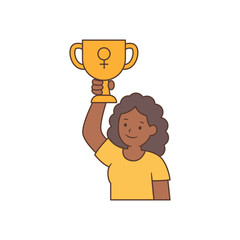 Illustration of a smiling woman proudly holding up a trophy with the female gender symbol, representing women's achievement, empowerment, and gender equality. Suitable for Women's Equality Day themes.