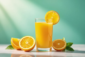 Naklejka premium A glass of vibrant orange juice sits beside halved oranges and fresh leaves, bathed in warm sunlight against a gradient teal background.